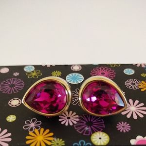 S.A.L. Signed Hot Pink Faceted Swarovski Crystal Tear Drop Gold Earrings
